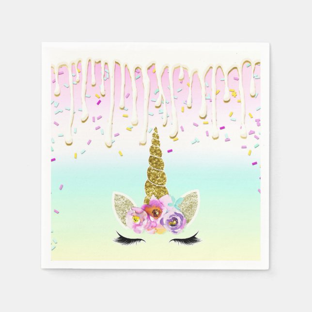 Unicorn Pastel Rainbow Frosting Drip Birthday Napkin (Front)