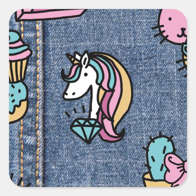 unicorn patches denim square sticker (Front)