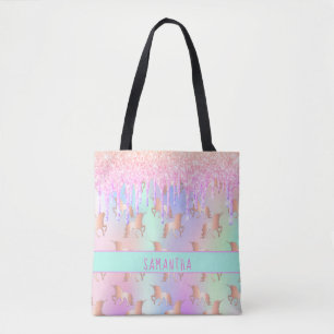 Unicorn pattern pink name girl holographic tote bag
