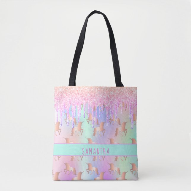 Unicorn pattern pink name girl holographic tote bag (Front)