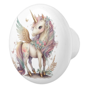 Unicorn Pegasus Fantasy Pastel Pink Blue Ceramic Knob