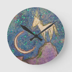 Unicorn Perched on a Mountain Looking at the Moon Round Clock