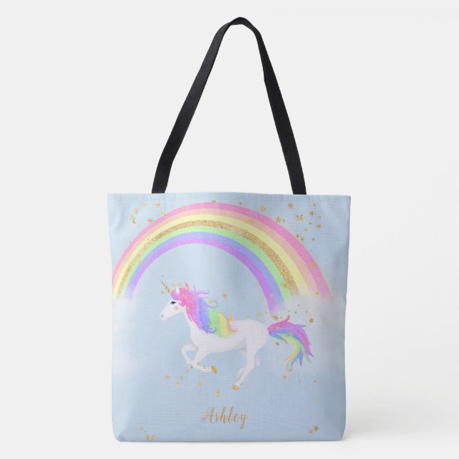 Unicorn Personalised Bag | Gold Rainbow (Front)