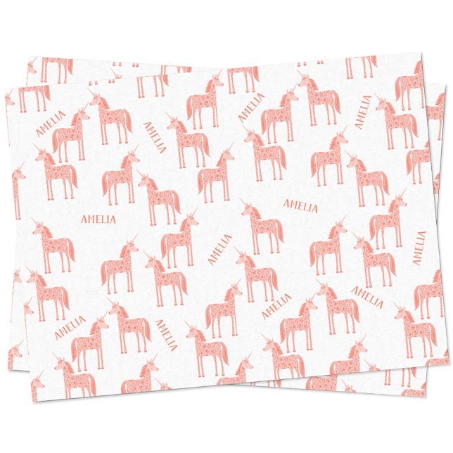 Unicorn Personalised Name Pink Tissue Paper (Personalized custom name pink unicorn pattern tissue paper)