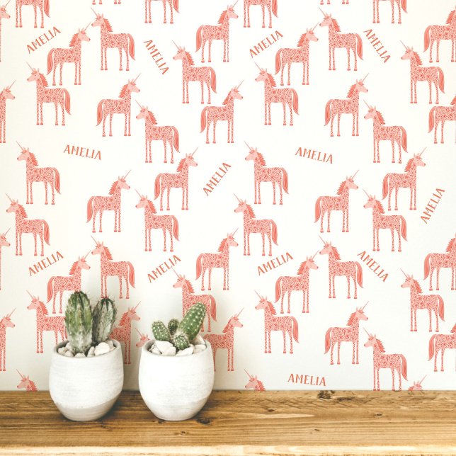 Unicorn Personalised Name Pink Wallpaper (Personalized custom name pink unicorn peel and stick wallpaper for a nursery, baby or girl’s room)