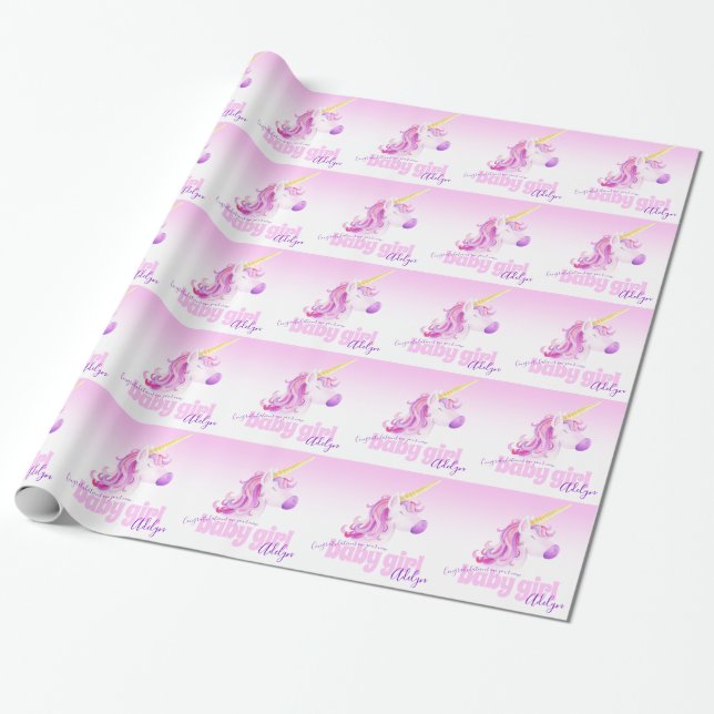 Unicorn personalised new baby pink paper wrap (Unrolled)