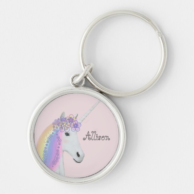 Unicorn Personalised Rainbow Pink Round Key Ring (Front)