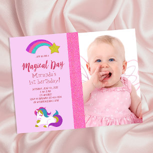 Unicorn photo 1st birthday girl party invitation postcard