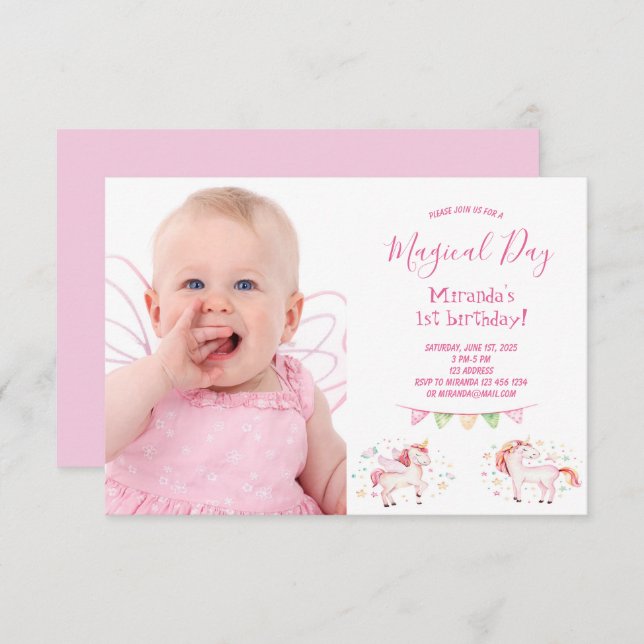 Unicorn photo 1st birthday party girl invitation (Front/Back)
