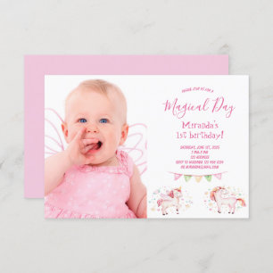 Unicorn photo 1st birthday party girl invitation