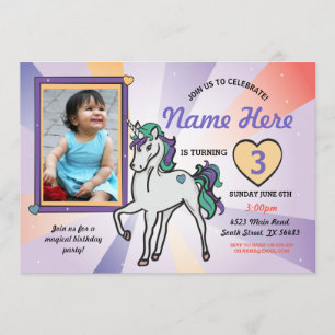 Unicorn Photo Birthday Invitation Purple Hearts