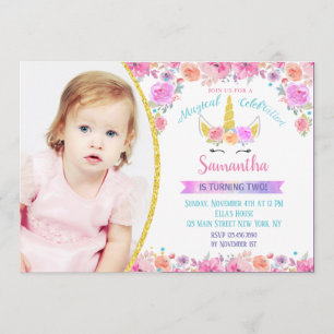 Unicorn Photo Birthday Invitations