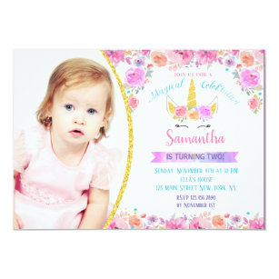 Unicorn Photo Birthday Invitations