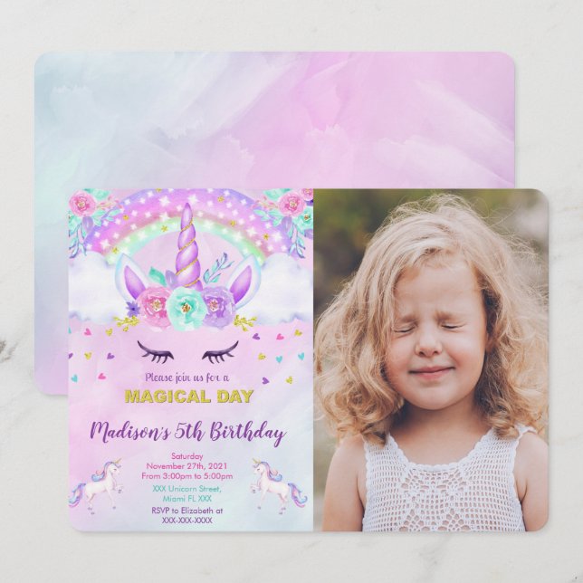 Unicorn Photo Invitation  (Front/Back)