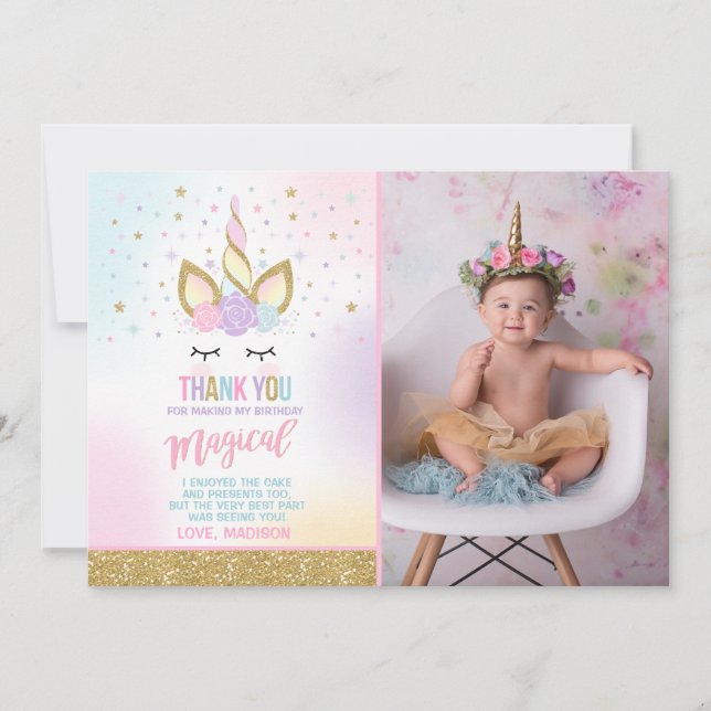 Unicorn Photo Thank You Card Pink Gold Unicorn (Front)