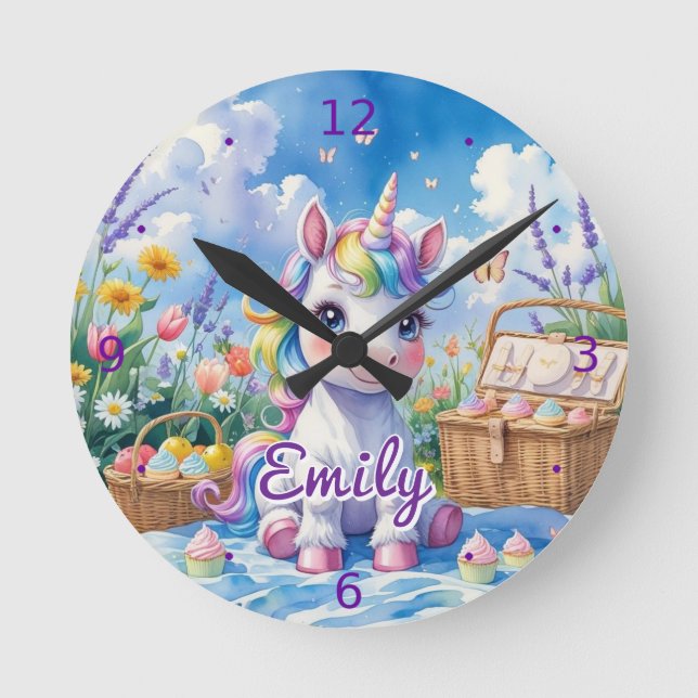 Unicorn Picnic Wall Clock – Editable Name (Front)