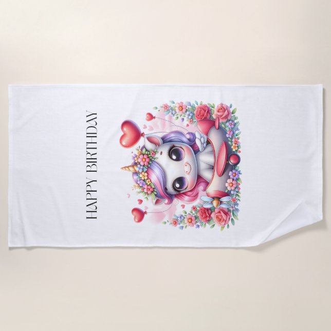 Unicorn Pilot Birthday Beach Towel (Front)