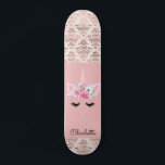 Unicorn Pin Damask Personalised Skateboard<br><div class="desc">A cute unicorn on pink and gold damask personalised with your name.</div>