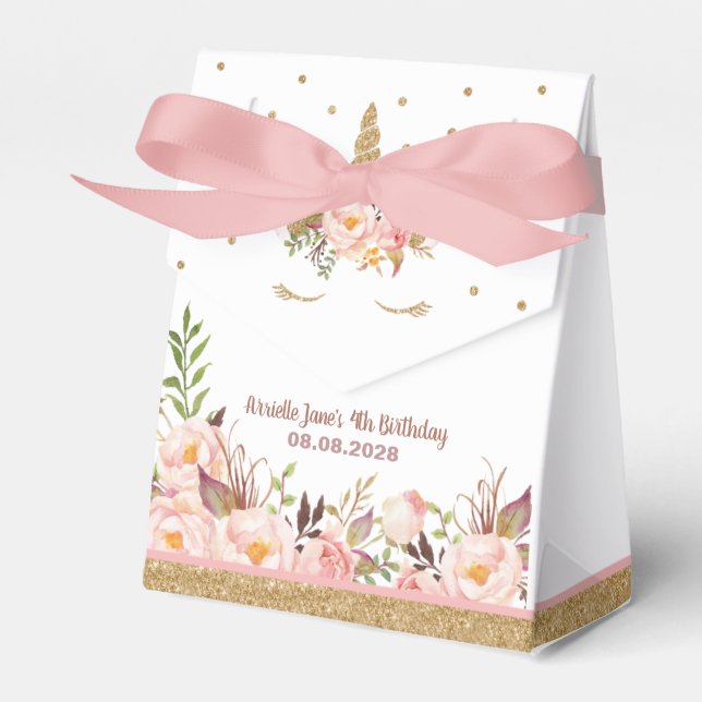 Unicorn Pink and Gold Birthday Party Favour Boxes (Front Side)