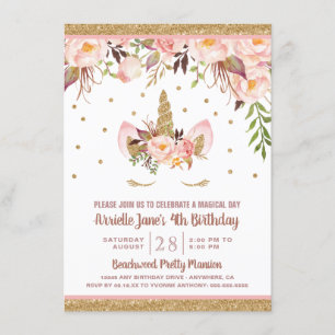Unicorn Pink and Gold Birthday Party Invitations