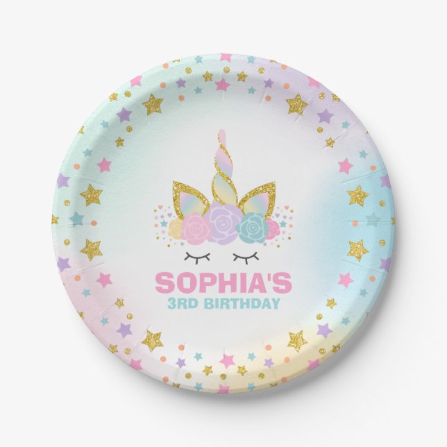 Unicorn Pink And Gold Paper Plate 7" Paper Plates (Front)
