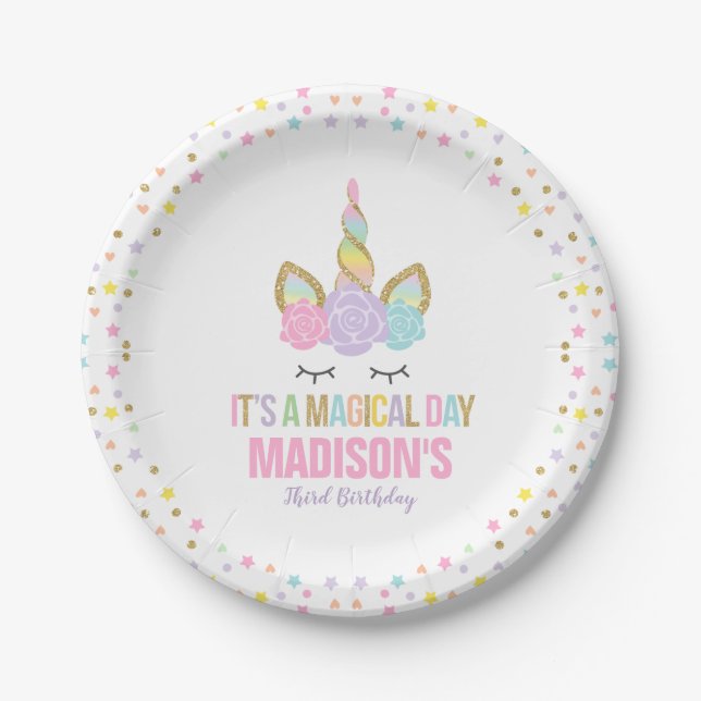 Unicorn Pink And Gold Paper Plate 7" Paper Plates (Front)