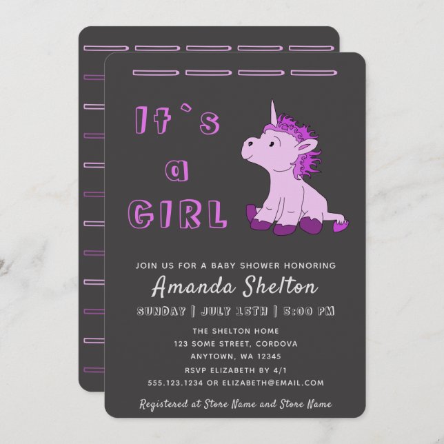 Unicorn Pink Baby Girl Shower Invitation Card (Front/Back)