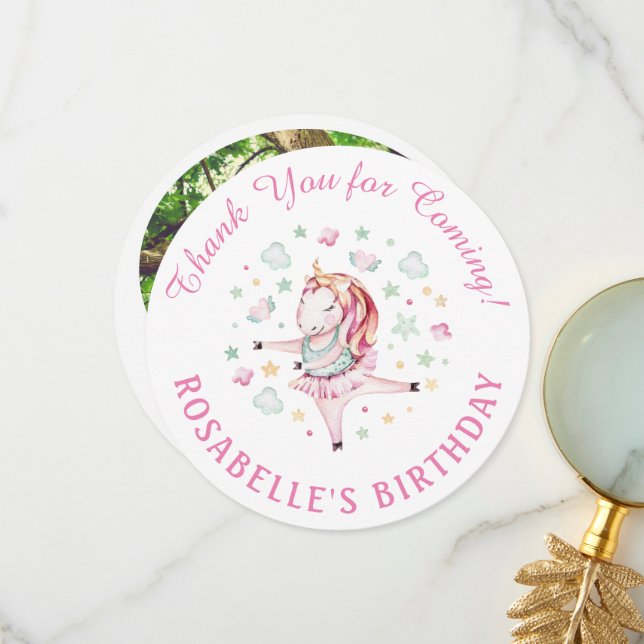 Unicorn Pink Ballerina Birthday Party Thank You Card (Front/Back In Situ)