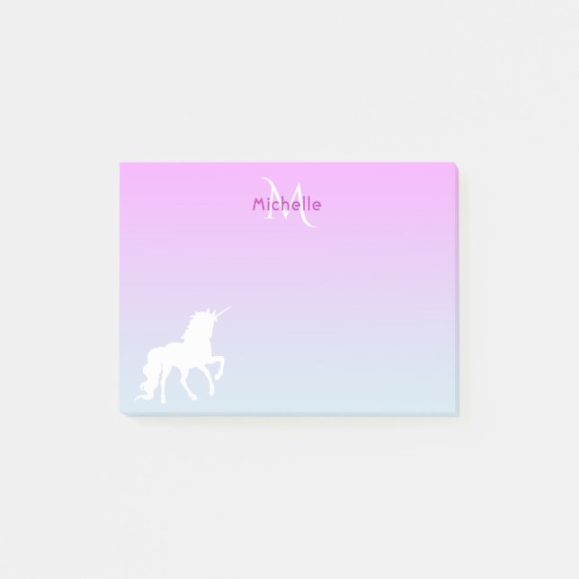 Unicorn Pink blue monogrammed Post-it Notes (Front)