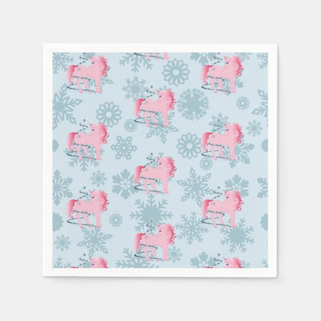 Unicorn Pink  Cute Girl Whimsical Snowflakes Napkin (Front)