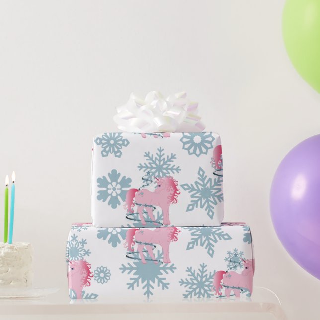 Unicorn Pink  Cute Girl Whimsical Snowflakes Wrapping Paper (Party Gifts)