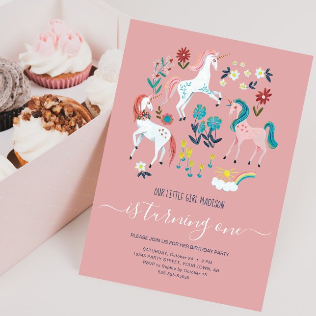Unicorn pink cute magical girls first birthday inv invitation (Unicorn pink birthday party invitation)