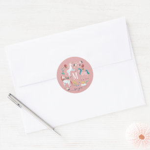 Unicorn pink cute magical girls monogram birthday classic round sticker