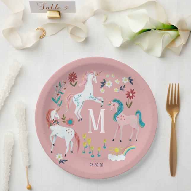 Unicorn pink cute magical girls monogram birthday paper plate (Wedding)