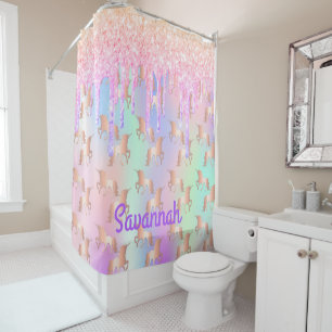Unicorn pink drips holographic girl shower curtain