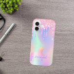 Unicorn pink drips holographic name iPhone 16 case<br><div class="desc">A trendy iridescent background with unicorn and rainbow pastel colours in pink, purple, mint green. Decorated with faux glitter drips in pink, purple and a rainbow coloured unicorn. Purple coloured letters. Personalise and add your name. The name is written with a modern hand lettered style script with swashes. To keep...</div>