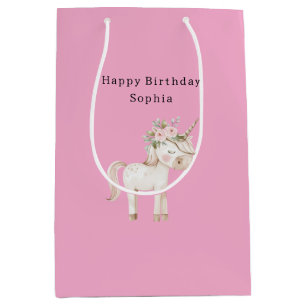 Unicorn Pink Floral Birthday Medium Gift Bag