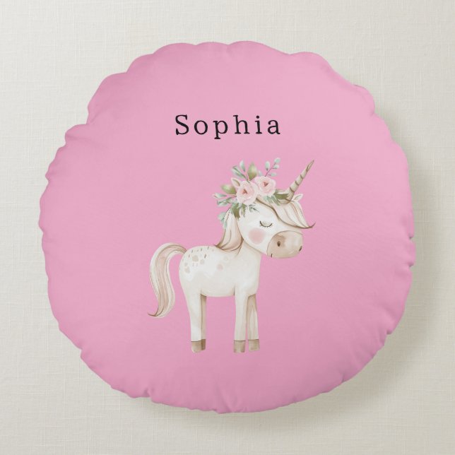Unicorn Pink Floral Round Cushion (Front)