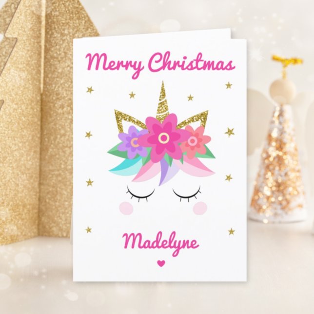 Unicorn Pink Flowers Christmas Personalised Name Holiday Card (Creator Uploaded)