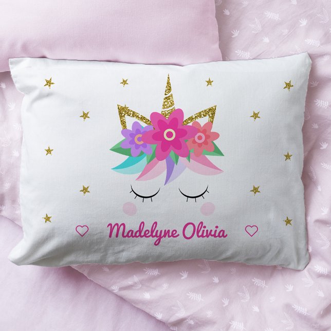 Unicorn Pink Flowers Glitter Stars Personalised Pillowcase (Creator Uploaded)