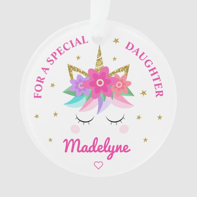 Unicorn Pink Flowers Stars Daughter Ornament (Front)