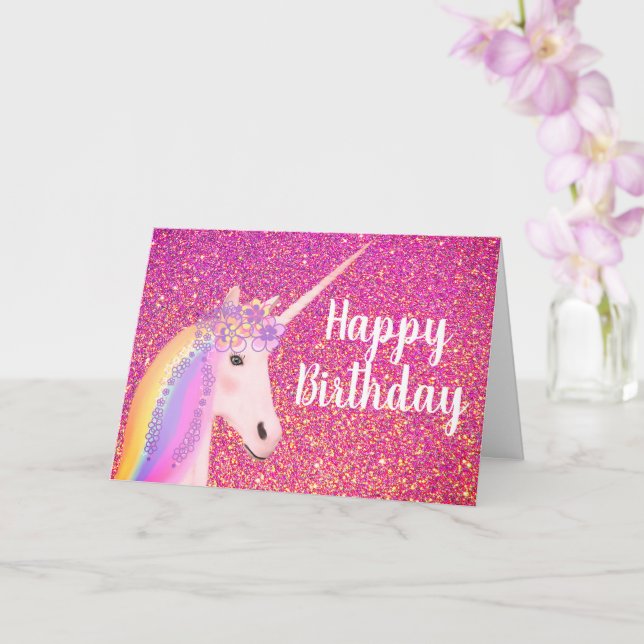 Unicorn Pink Glitter Birthday Greeting Card (Orchid)