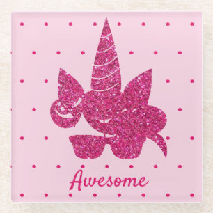 Unicorn Pink Glitter Cute Girly Kids Glass Coaster