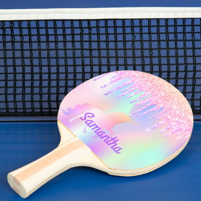 Unicorn pink glitter drips holographic name ping pong paddle (Insitu)