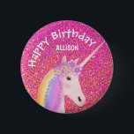 Unicorn Pink Glitter Girls Birthday Personalised 6 Cm Round Badge<br><div class="desc">Surprise a unicorn lover with this Cute Unicorn Pink Glitter Girls Birthday Personalised button. It is modern designed with a pink faux glitter background and pretty white unicorn on the centre. Her hair is rainbow colours and has flowers on top of head. The text is "happy birthday" and child's name...</div>