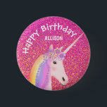 Unicorn Pink Glitter Girls Birthday Personalised 6 Cm Round Badge<br><div class="desc">Surprise a unicorn lover with this Cute Unicorn Pink Glitter Girls Birthday Personalised button. It is modern designed with a pink faux glitter background and pretty white unicorn on the centre. Her hair is rainbow colours and has flowers on top of head. The text is "happy birthday" and child's name...</div>