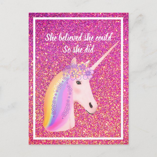 Unicorn Pink Glitter Inspirational She Believed Postcard (Front)