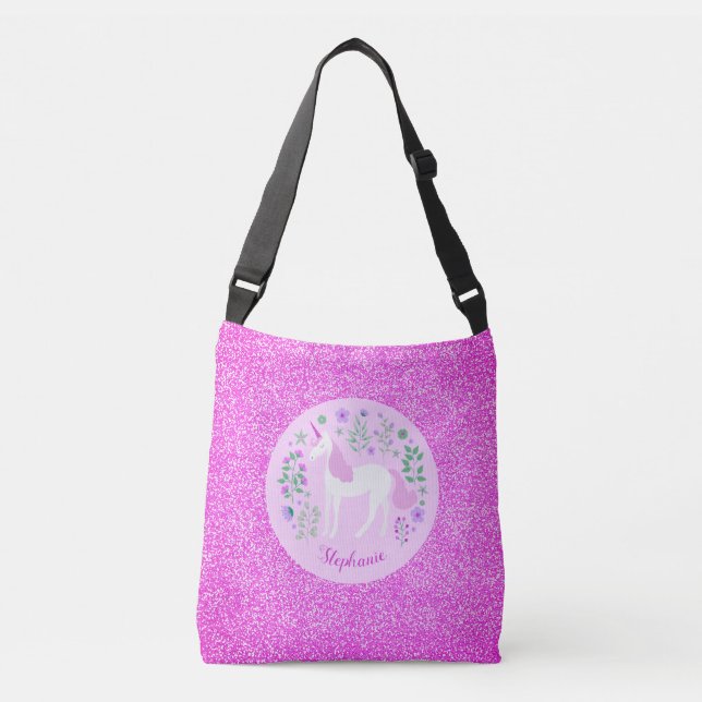 Unicorn Pink Glitter Personalised Crossbody Bag (Front)