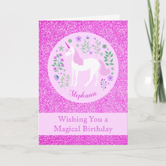 Unicorn Pink Glitter Personalised Happy Birthday Card (Front)