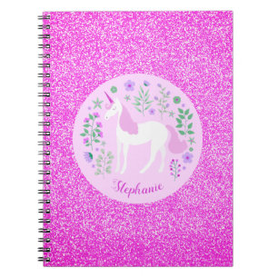 Unicorn Pink Glitter Personalised Name Notebook
